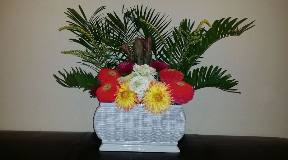 Palm Leucadendron Yellow Dahlia Red & White Gerbera Maroon Pompon